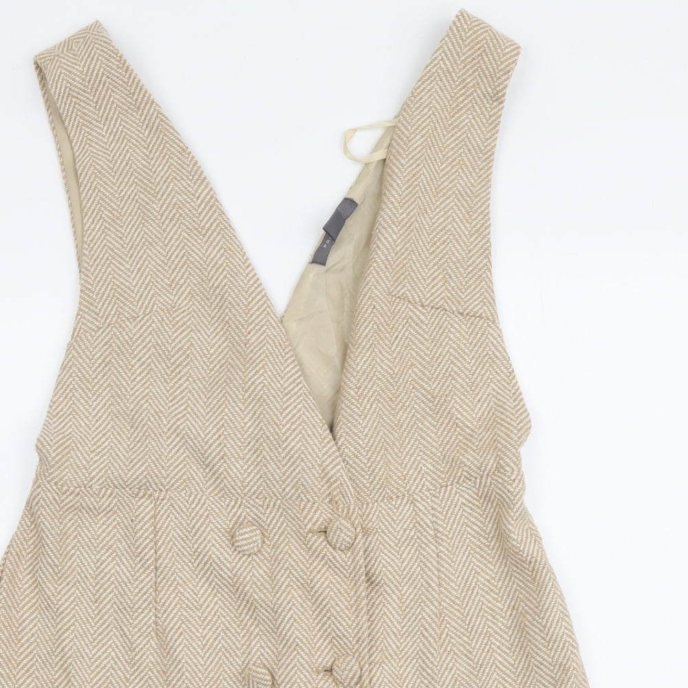 Primark Womens Beige Herringbone Polyester Pinafore/Dungaree Dress Size 14 V-Neck Pullover