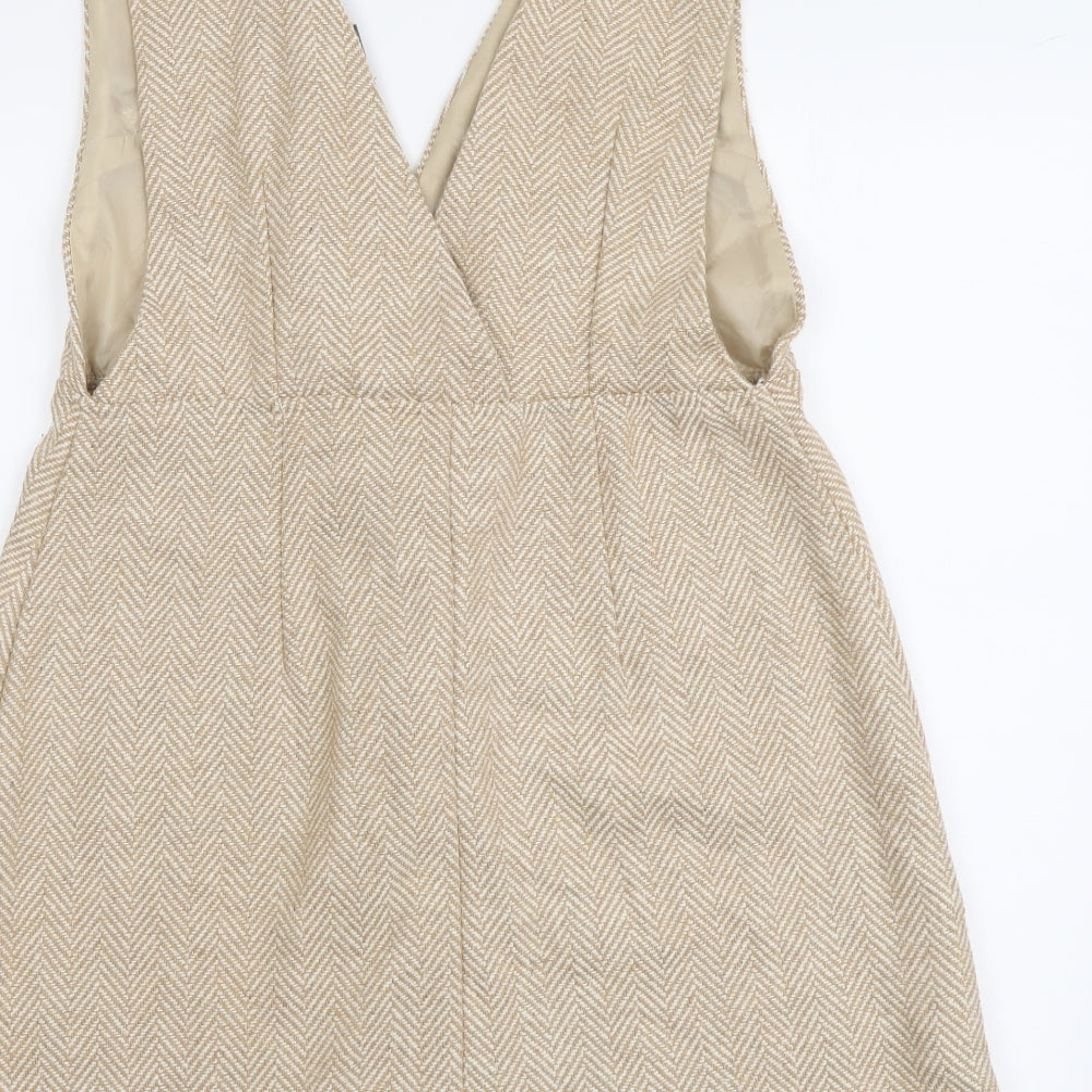 Primark Womens Beige Herringbone Polyester Pinafore/Dungaree Dress Size 14 V-Neck Pullover