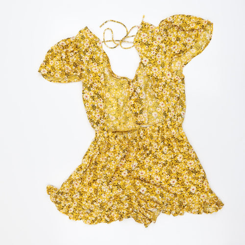 Boohoo Womens Yellow Floral Viscose Playsuit One-Piece Size 10 Pullover