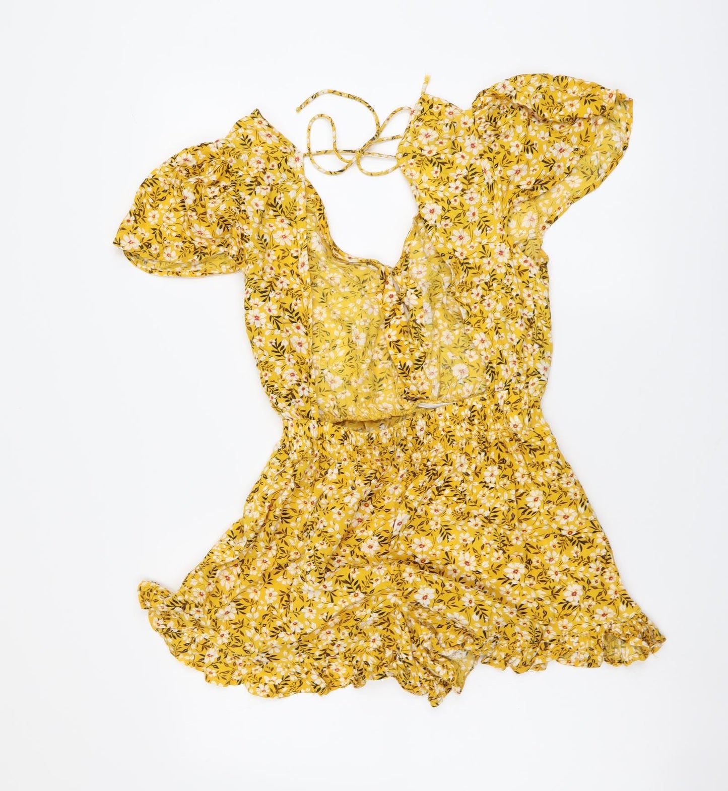 Boohoo Womens Yellow Floral Viscose Playsuit One-Piece Size 10 Pullover