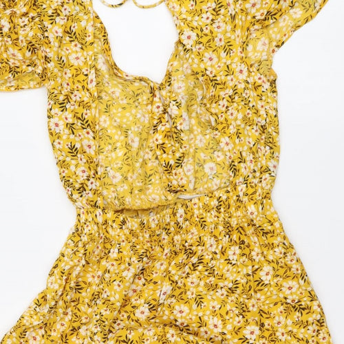 Boohoo Womens Yellow Floral Viscose Playsuit One-Piece Size 10 Pullover