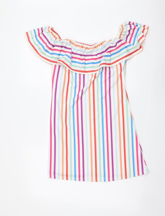 Front view of Boohoo women’s multicoloured striped polyester a-line, size UK 10, off the shoulder pullover