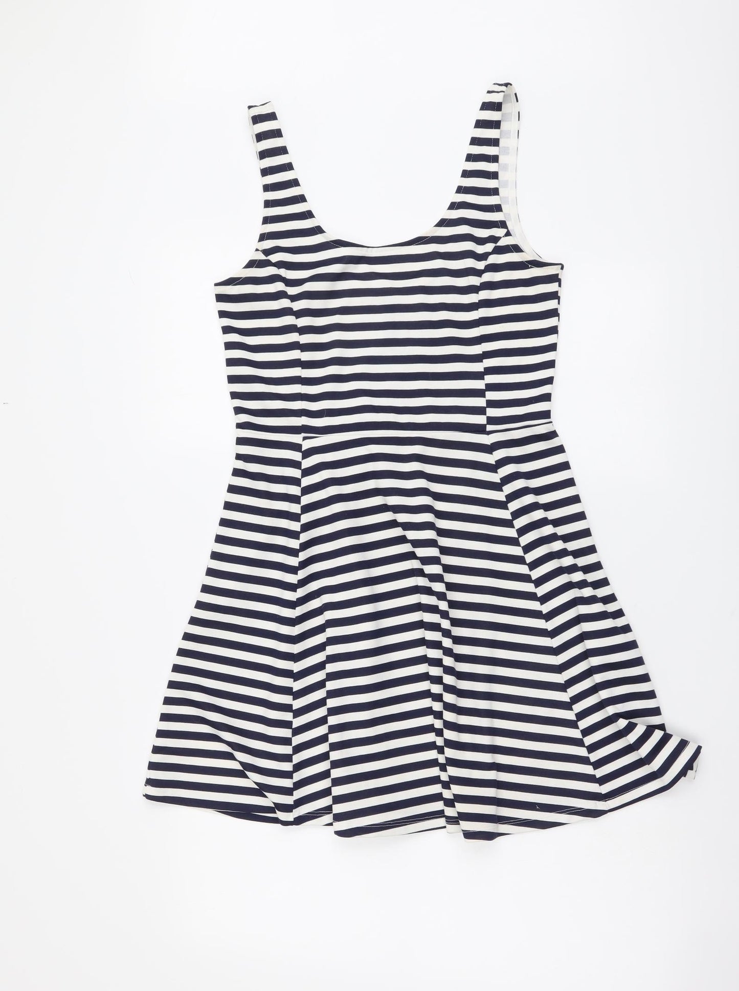 H&M Womens Blue Striped Polyester Skater Dress Size L Round Neck Pullover
