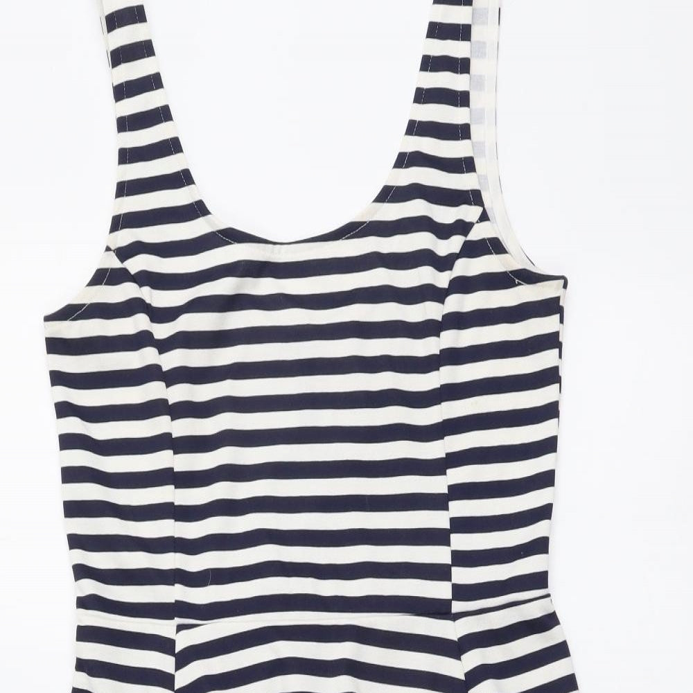 H&M Womens Blue Striped Polyester Skater Dress Size L Round Neck Pullover