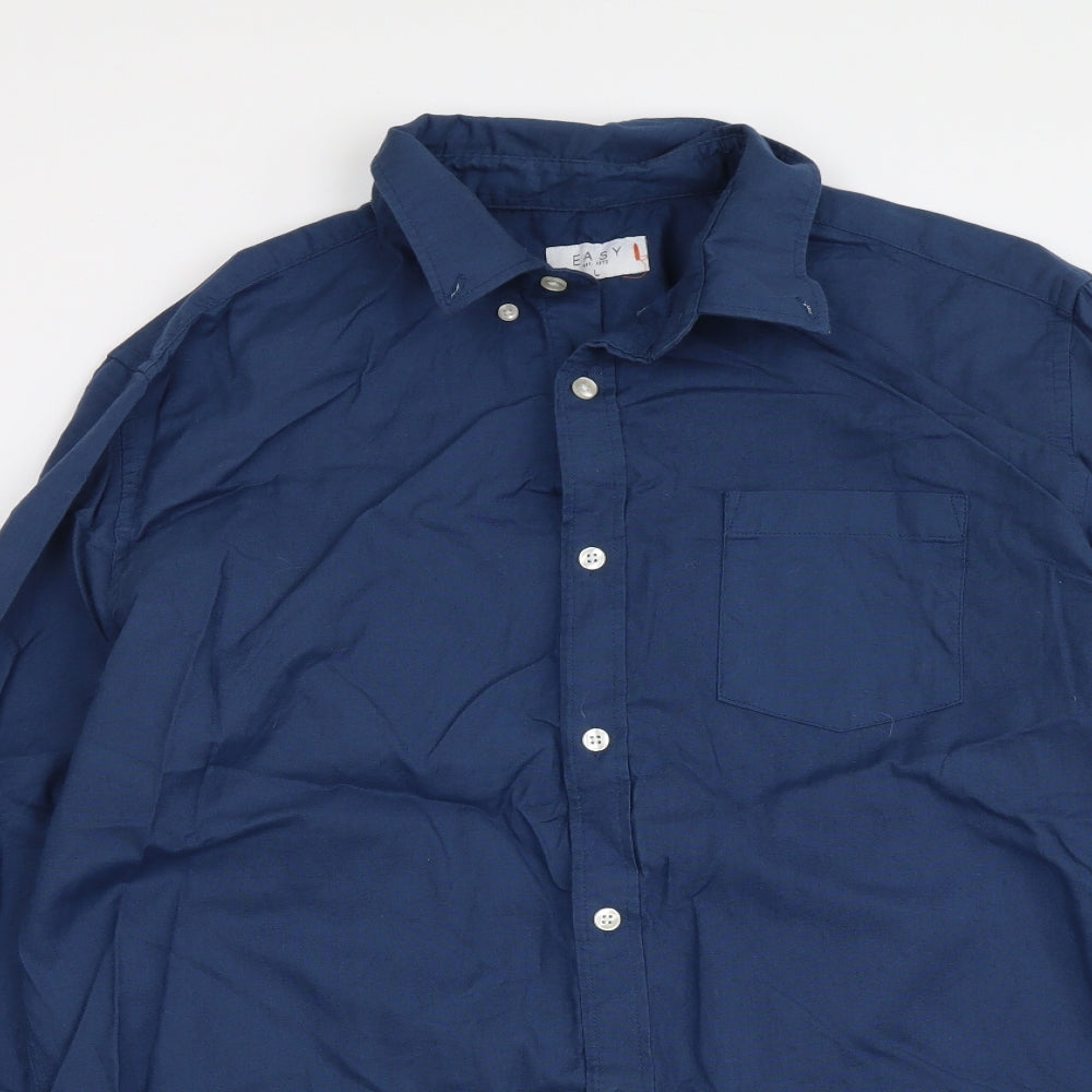 Easy Mens Blue Cotton Button-Up Size L Collared Button