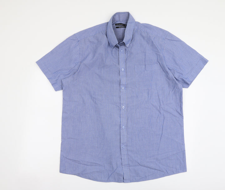 Cedar Wood State Mens Blue Striped Polyester Button-Up Size 16.5 Collared Button