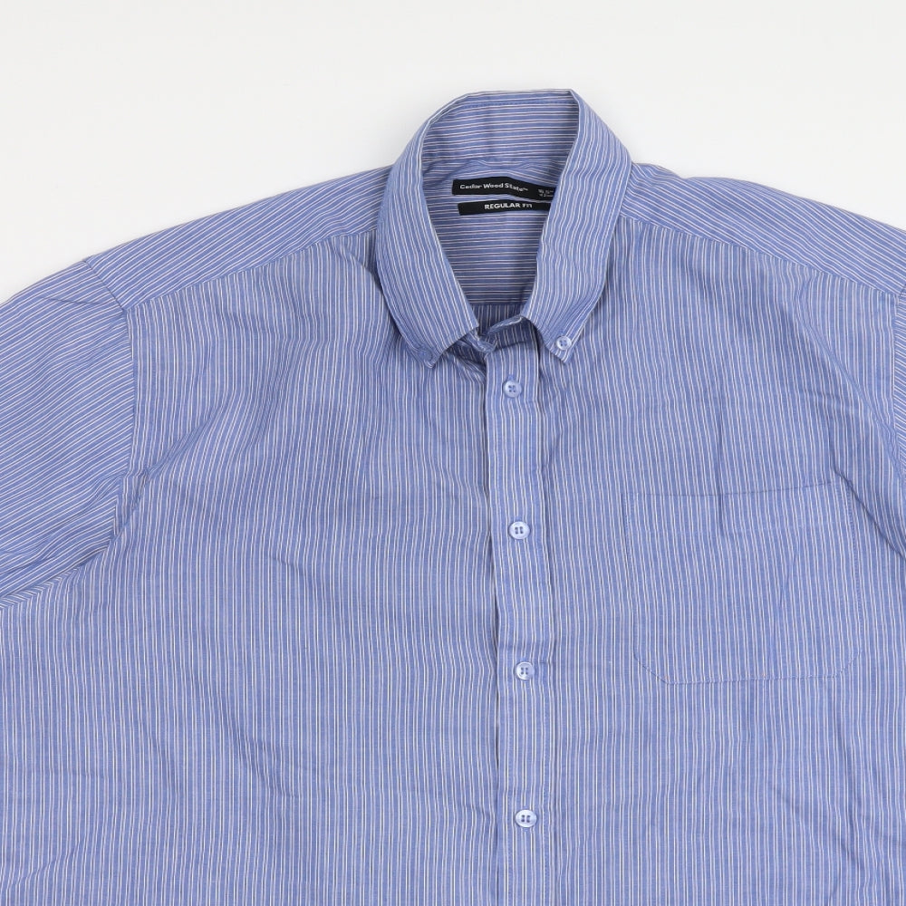 Cedar Wood State Mens Blue Striped Polyester Button-Up Size 16.5 Collared Button
