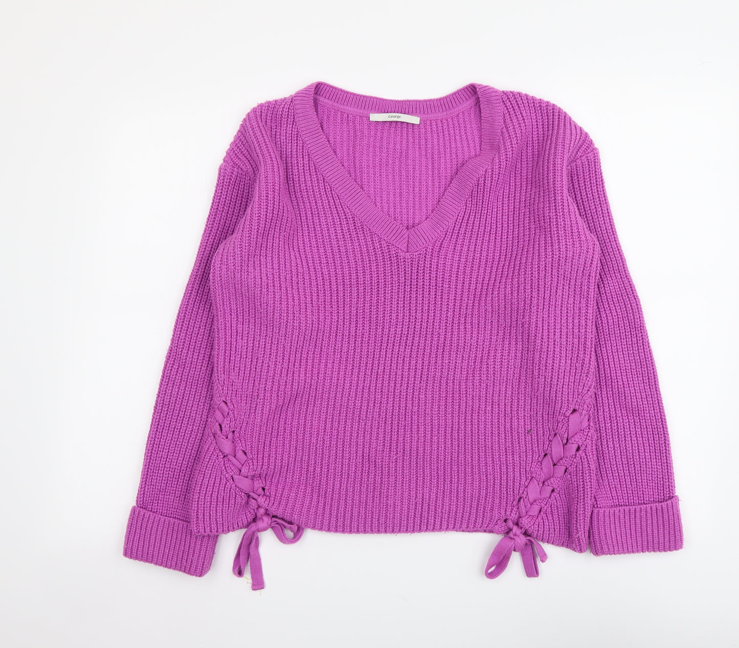 George Womens Purple V-Neck Acrylic Pullover Jumper Size 10 - Lace Up Detail