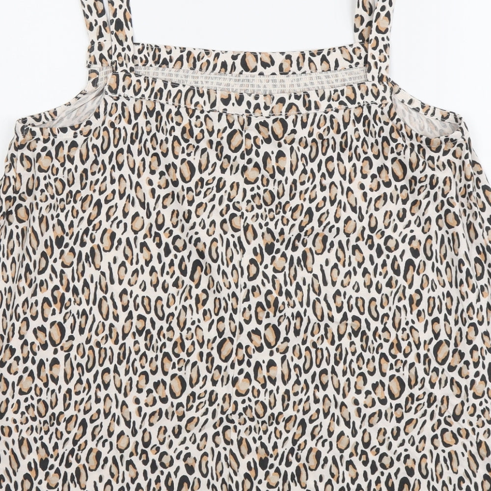 Papaya Womens Beige Animal Print Cotton Basic Tank Size 10 Square Neck - Leopard Pattern