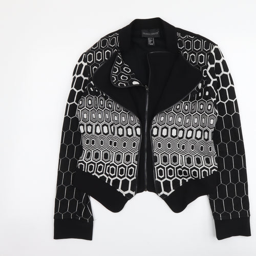 Frank Lyman Womens Black Geometric Polyester Full Zip Sweatshirt Size 16 Zip