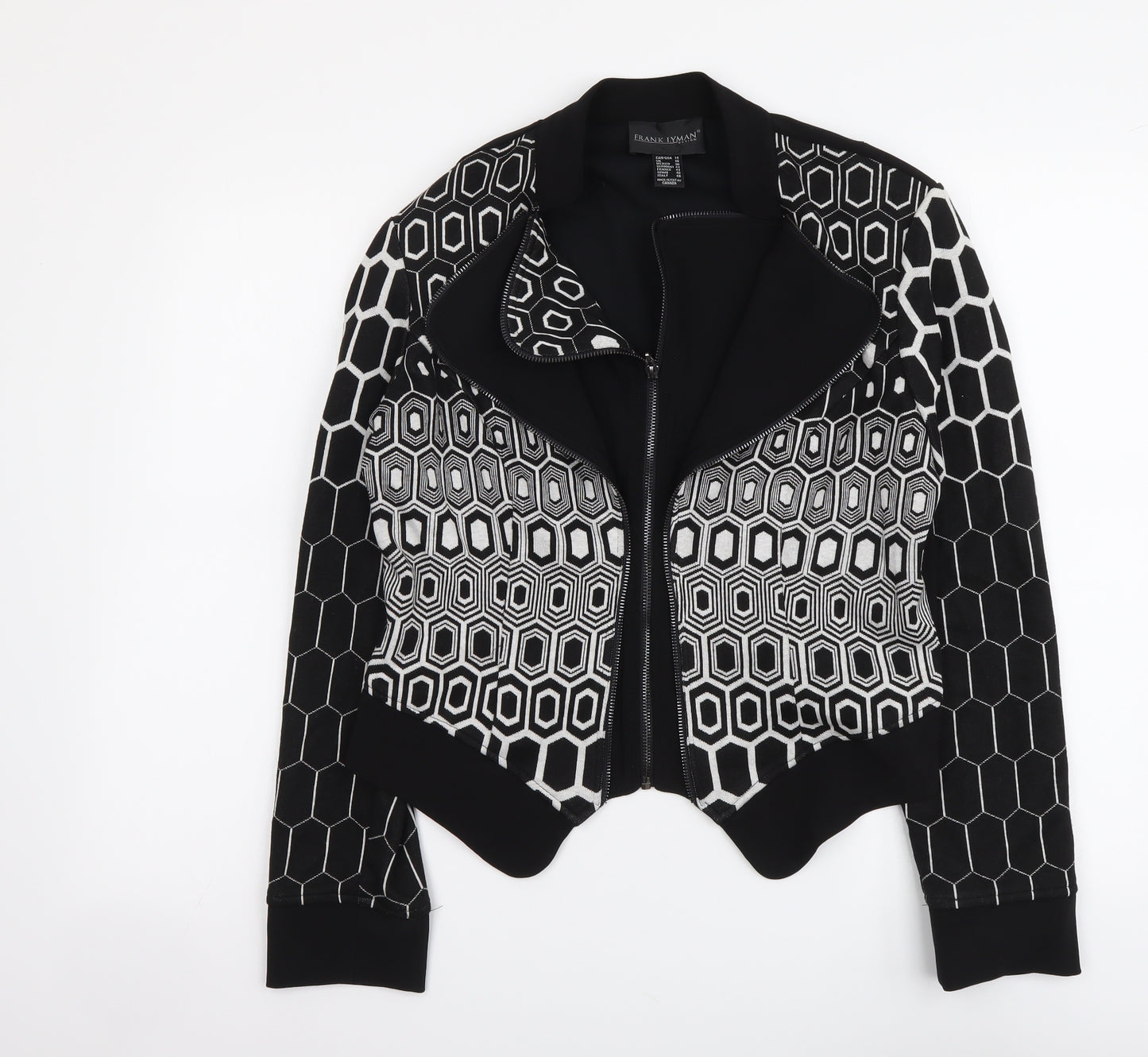 Frank Lyman Womens Black Geometric Polyester Full Zip Sweatshirt Size 16 Zip