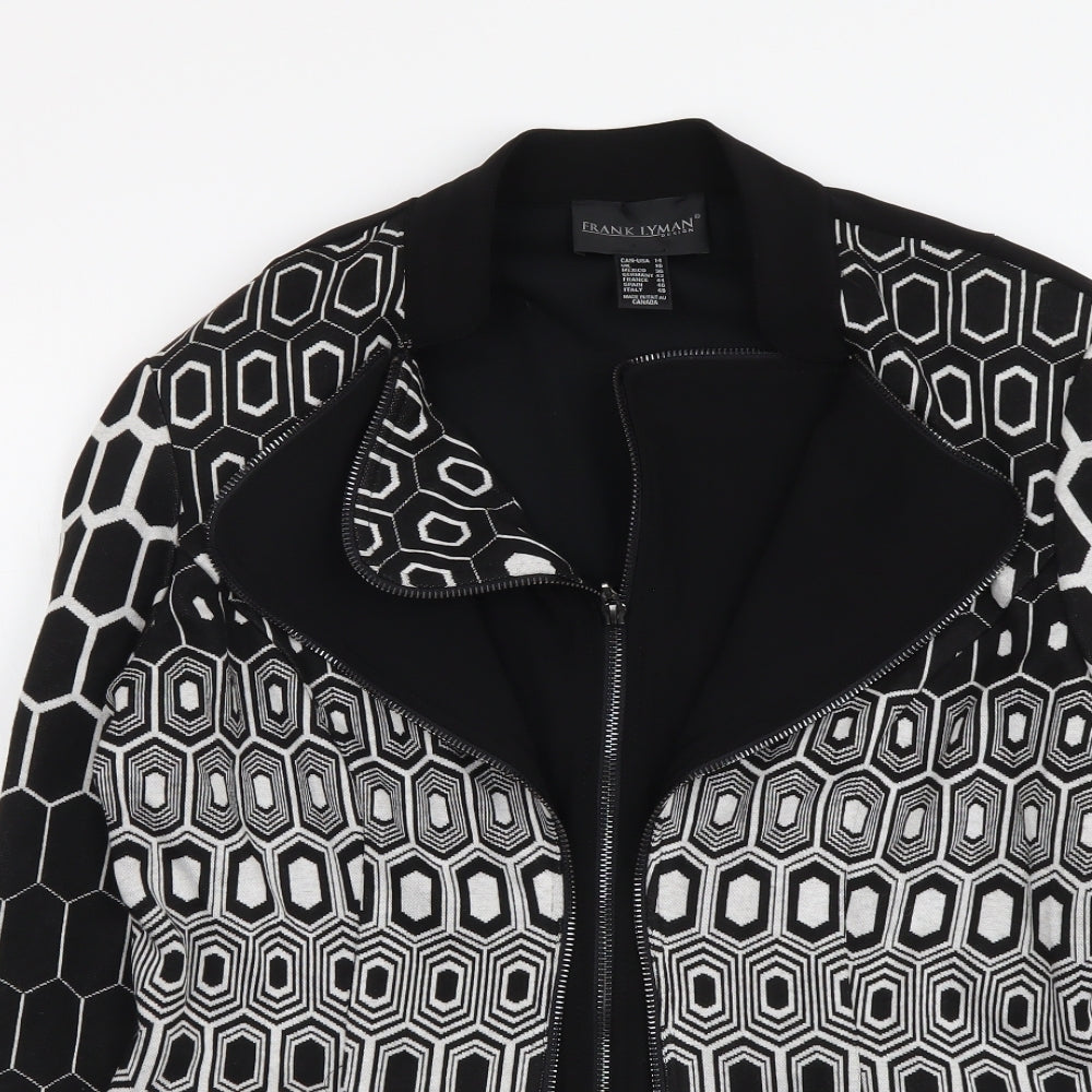 Frank Lyman Womens Black Geometric Polyester Full Zip Sweatshirt Size 16 Zip