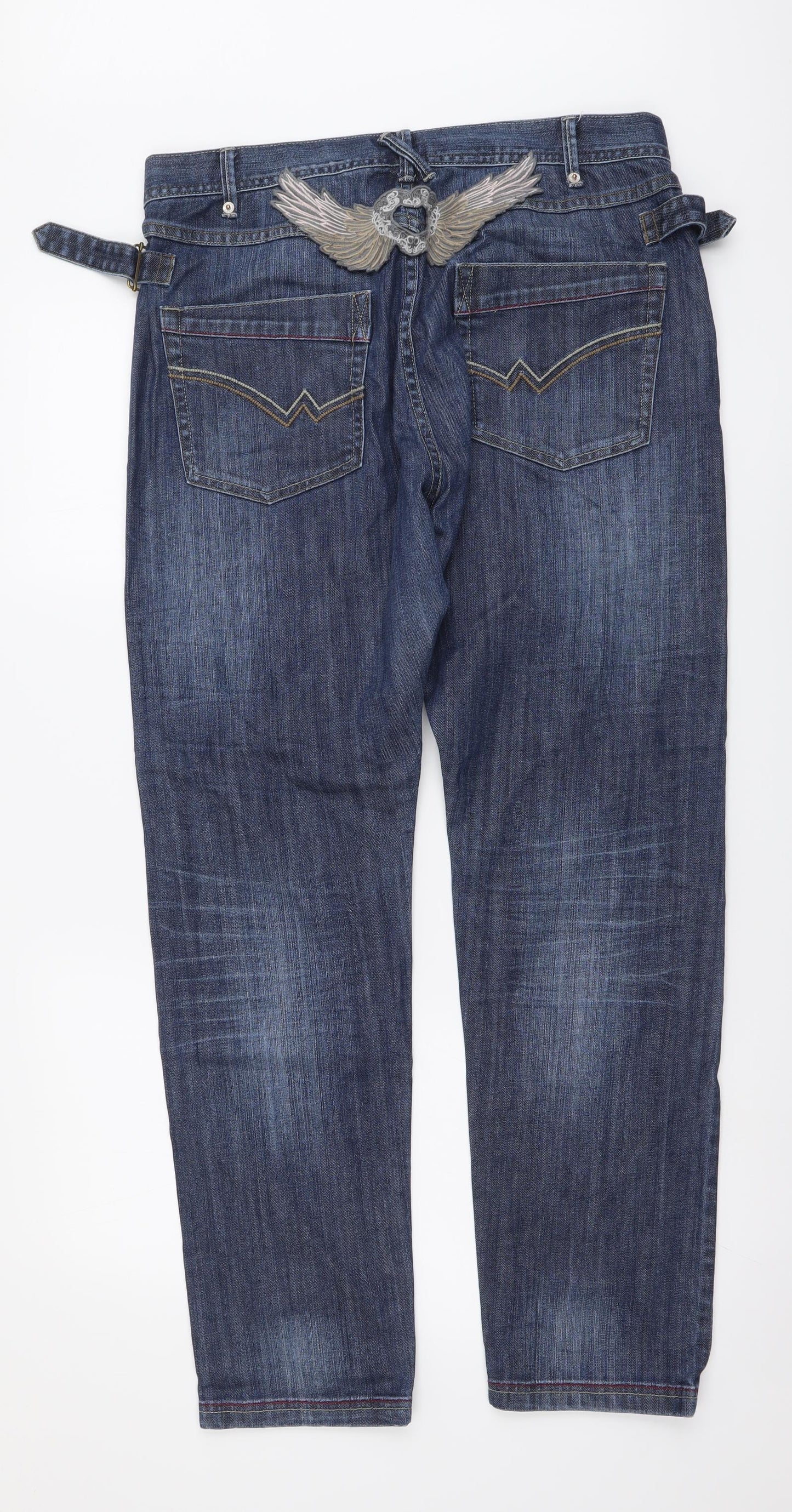 Wrap Womens Blue Cotton Straight Jeans Size 14 L29 in Regular Button