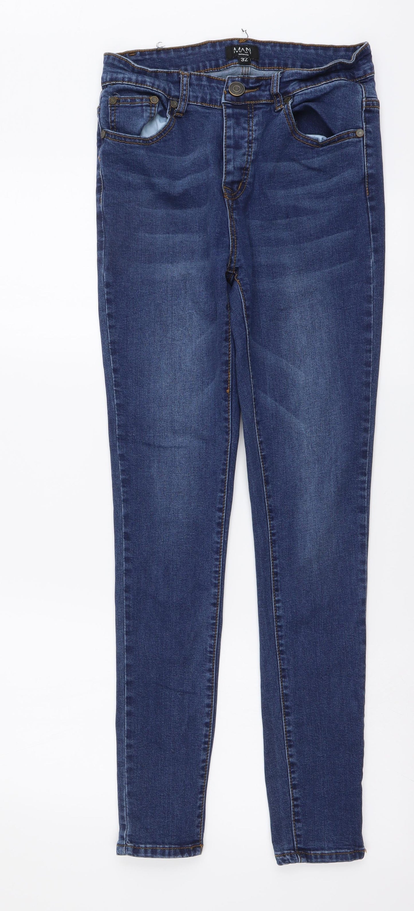 Boohoo Mens Blue Cotton Skinny Jeans Size 32 in L30 in Regular Button