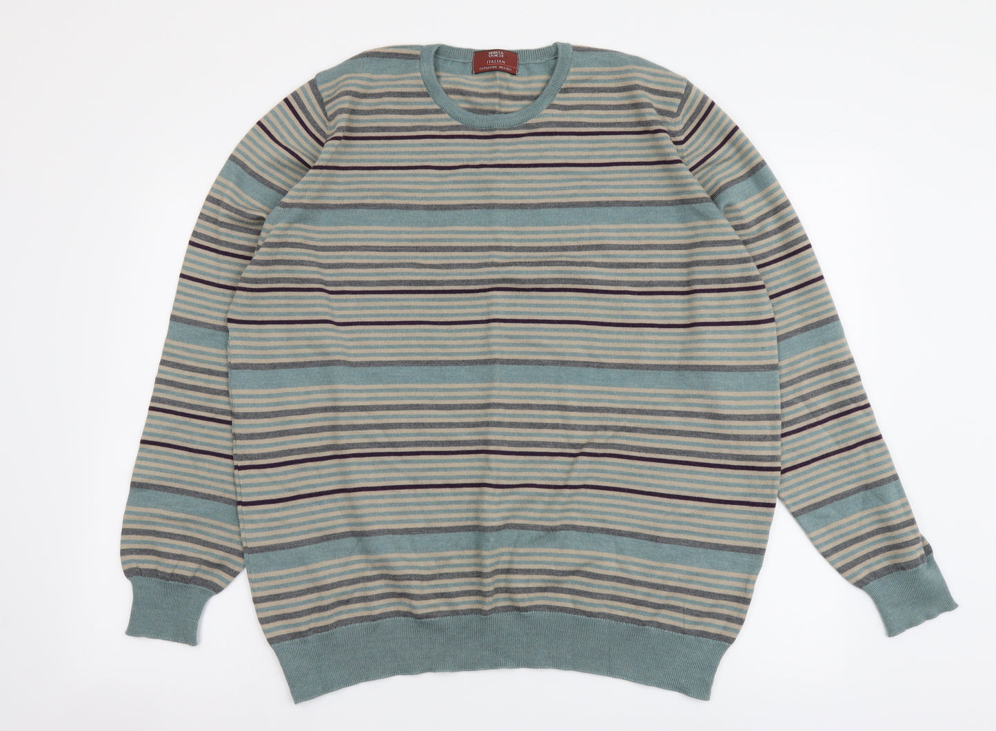 Marks and Spencer Mens Multicoloured Round Neck Striped Wool Pullover Jumper Size XL