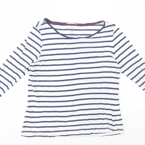 Marks and Spencer Womens White Striped 100% Cotton Basic T-Shirt Size 14 Boat Neck - Button Detail on Back