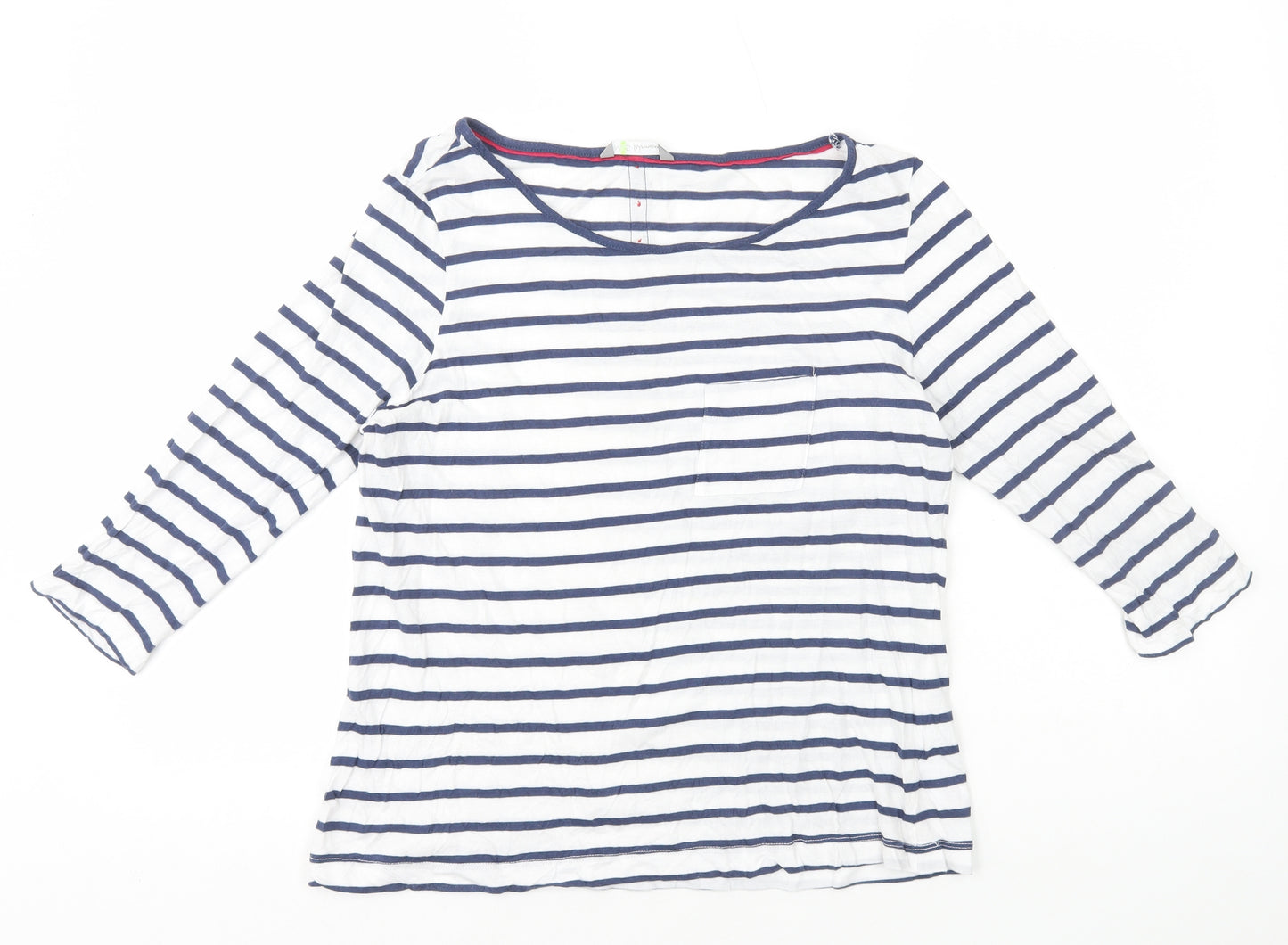 Marks and Spencer Womens White Striped 100% Cotton Basic T-Shirt Size 14 Boat Neck - Button Detail on Back