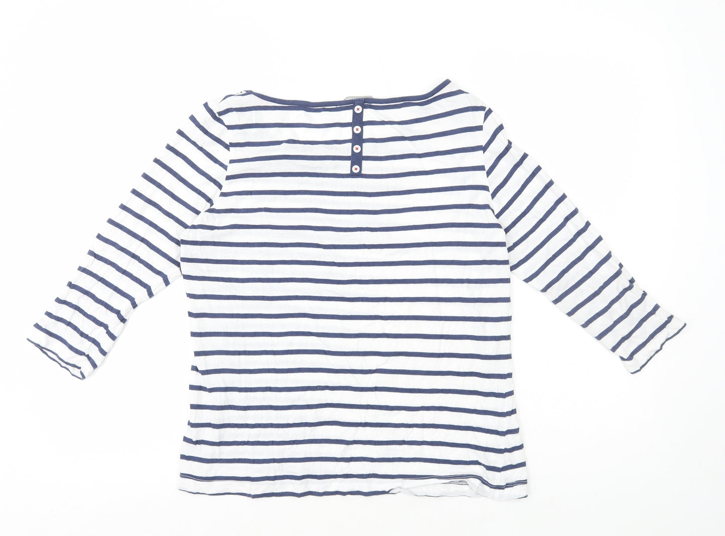 Marks and Spencer Womens White Striped 100% Cotton Basic T-Shirt Size 14 Boat Neck - Button Detail on Back