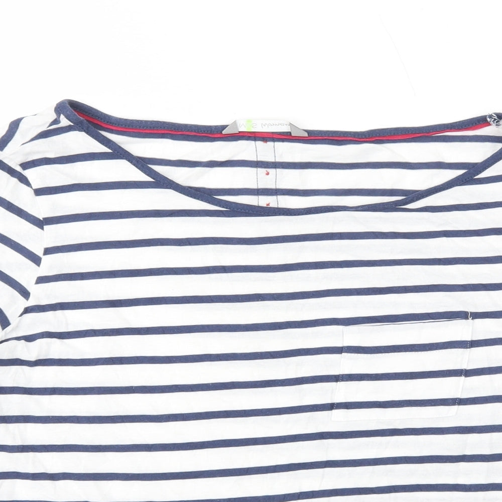 Marks and Spencer Womens White Striped 100% Cotton Basic T-Shirt Size 14 Boat Neck - Button Detail on Back