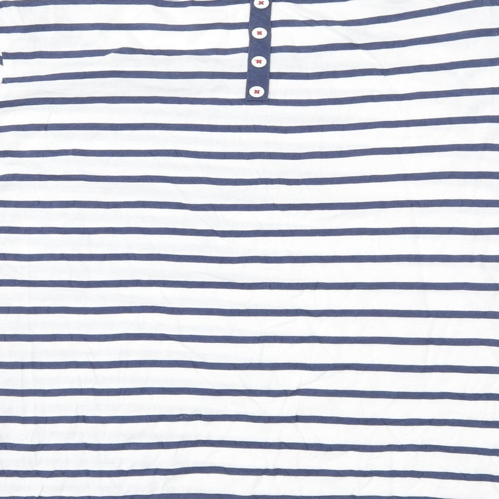 Marks and Spencer Womens White Striped 100% Cotton Basic T-Shirt Size 14 Boat Neck - Button Detail on Back