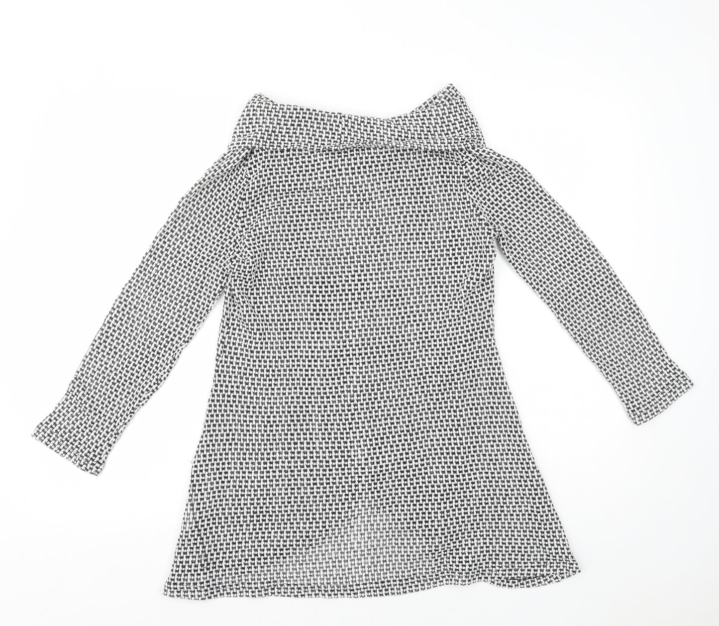 Roman Womens Black Geometric Polyester A-Line Size 10 Roll Neck Pullover - Wrap Over Front