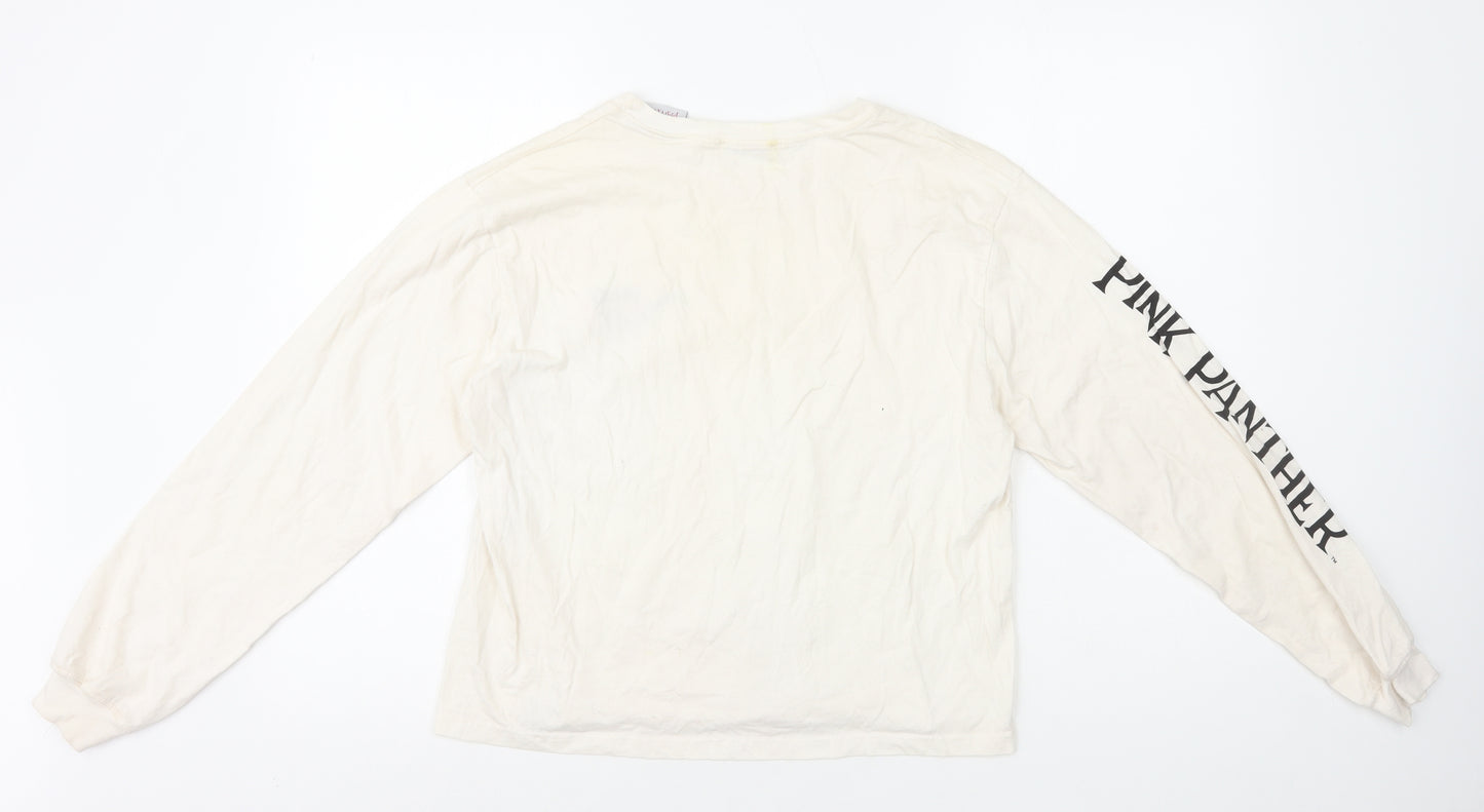 Pull&Bear Womens Ivory 100% Cotton Basic T-Shirt Size L Round Neck - Pink Panther