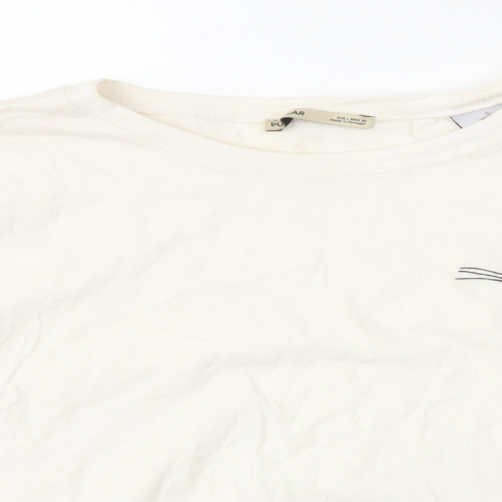 Pull&Bear Womens Ivory 100% Cotton Basic T-Shirt Size L Round Neck - Pink Panther