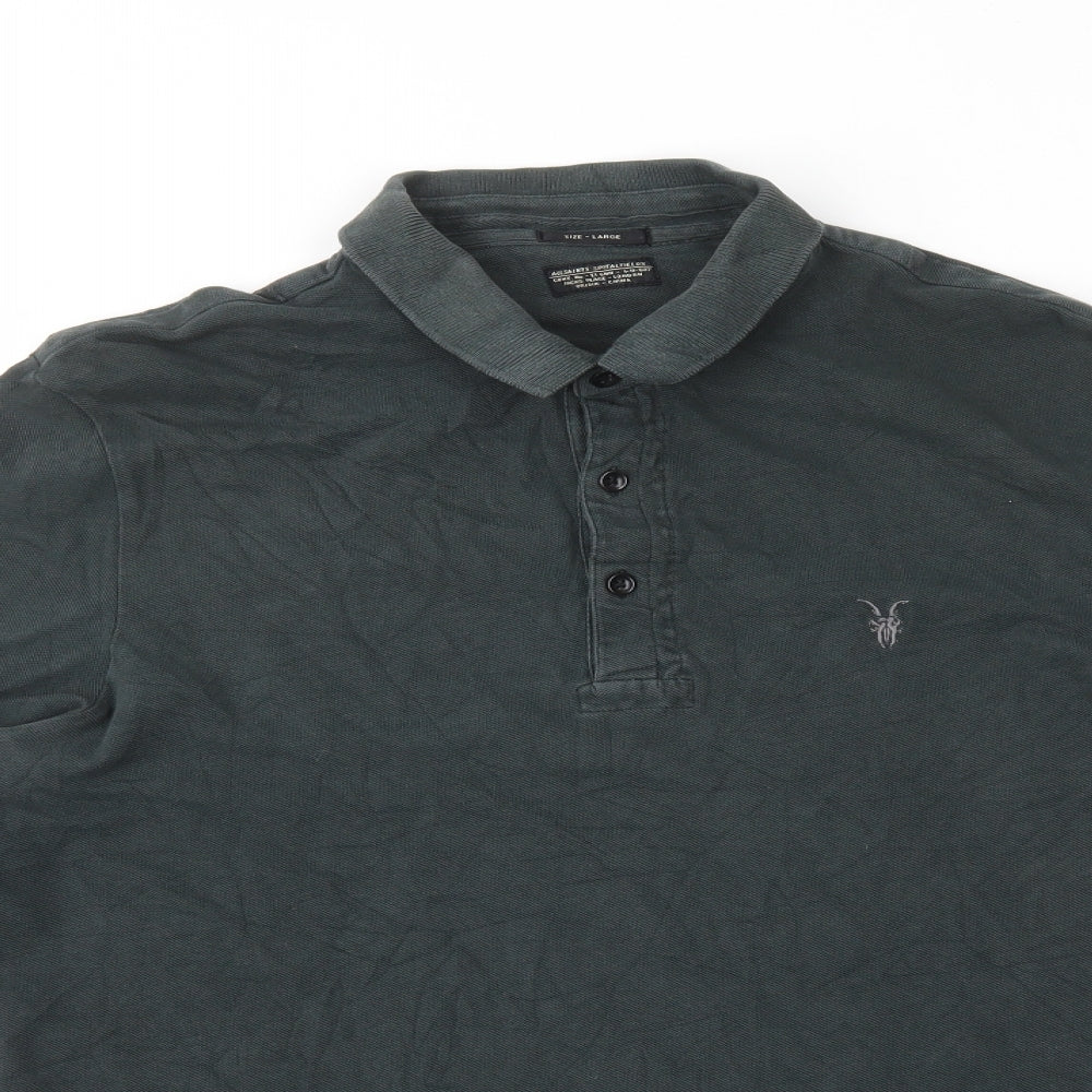 AllSaints Mens Green Cotton Polo Size L Collared Button