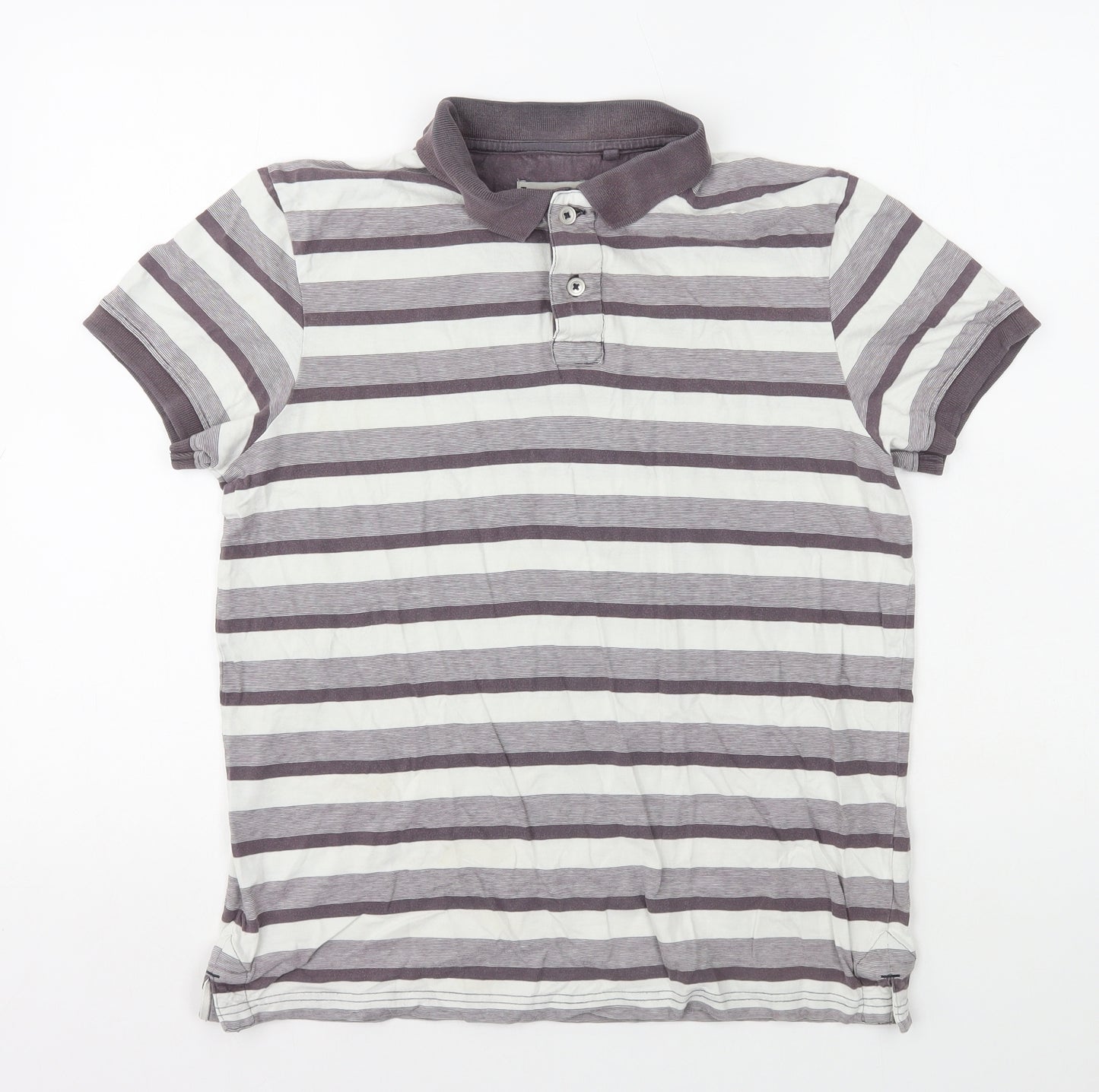 TU Mens Grey Striped Cotton Polo Size S Collared Button