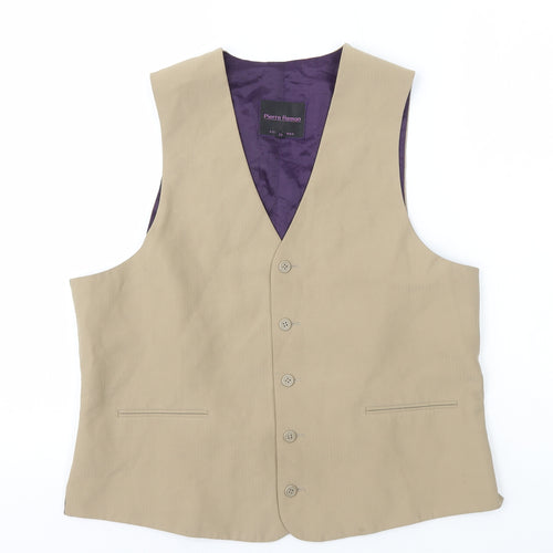 Pierre Remon Mens Beige Striped Polyester Jacket Suit Waistcoat Size XL