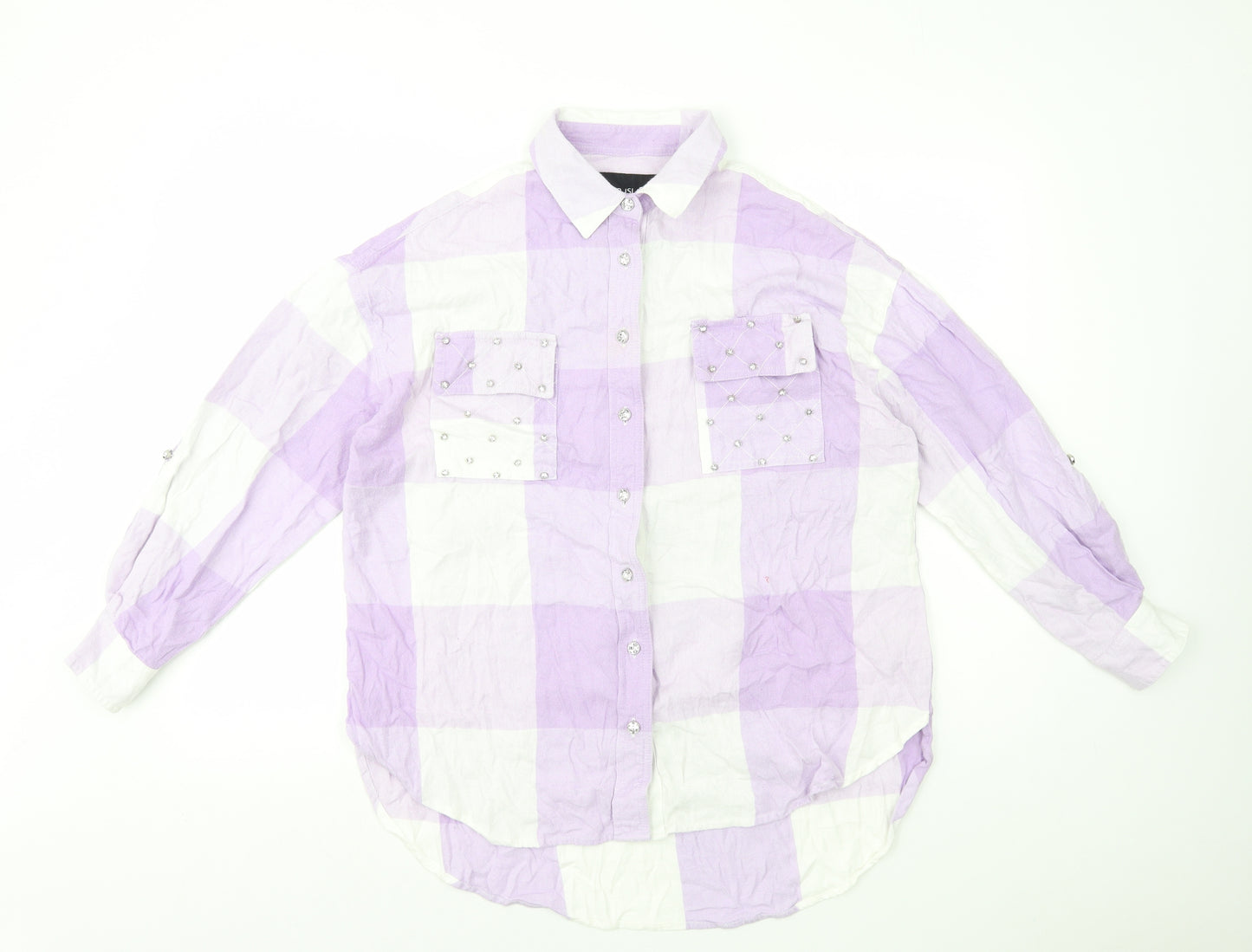 River Island Womens Purple Plaid 100% Cotton Basic Button-Up Size S Collared - Diamante