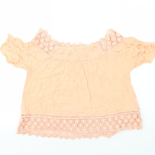 Miss Selfridge Womens Orange Polyester Basic T-Shirt Size 12 Off the Shoulder - Crochet Detail on Sleeve and Hem