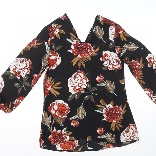 Preworn Womens Black Floral Polyester Basic Blouse Size L V-Neck - Flowers