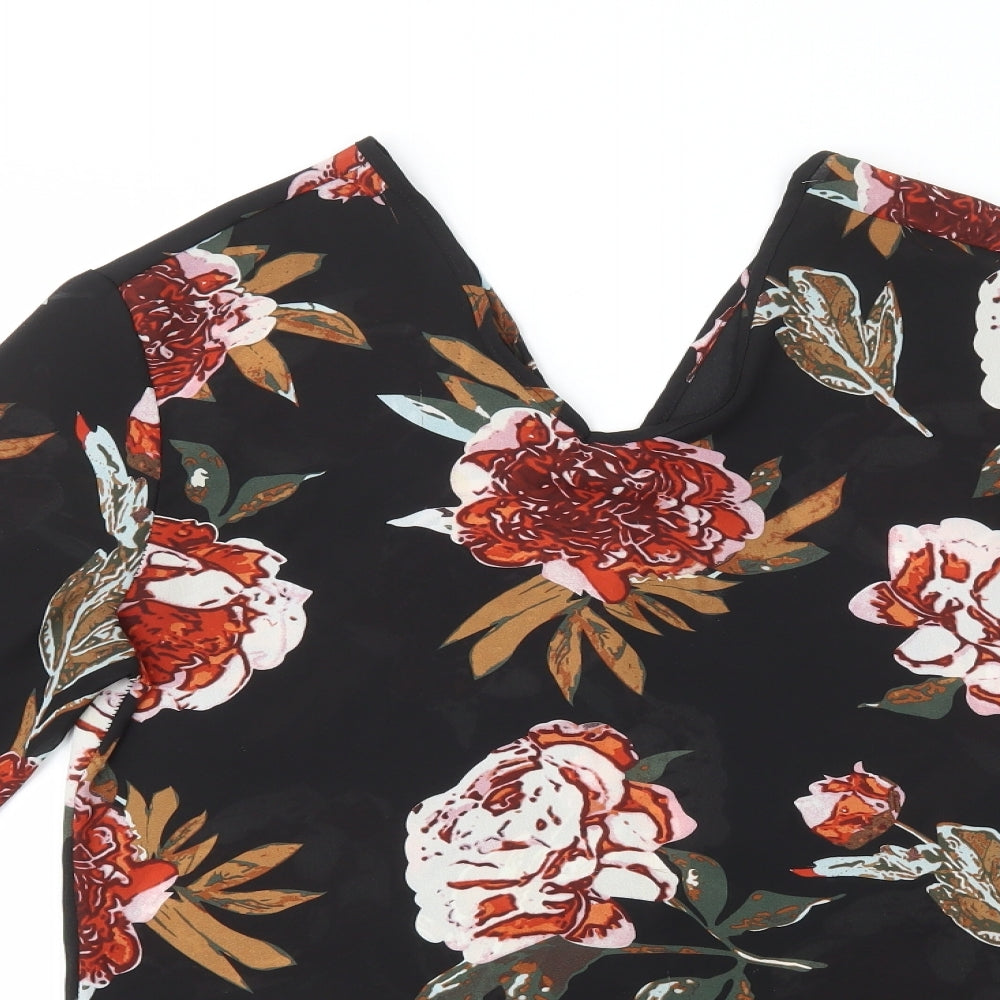 Preworn Womens Black Floral Polyester Basic Blouse Size L V-Neck - Flowers
