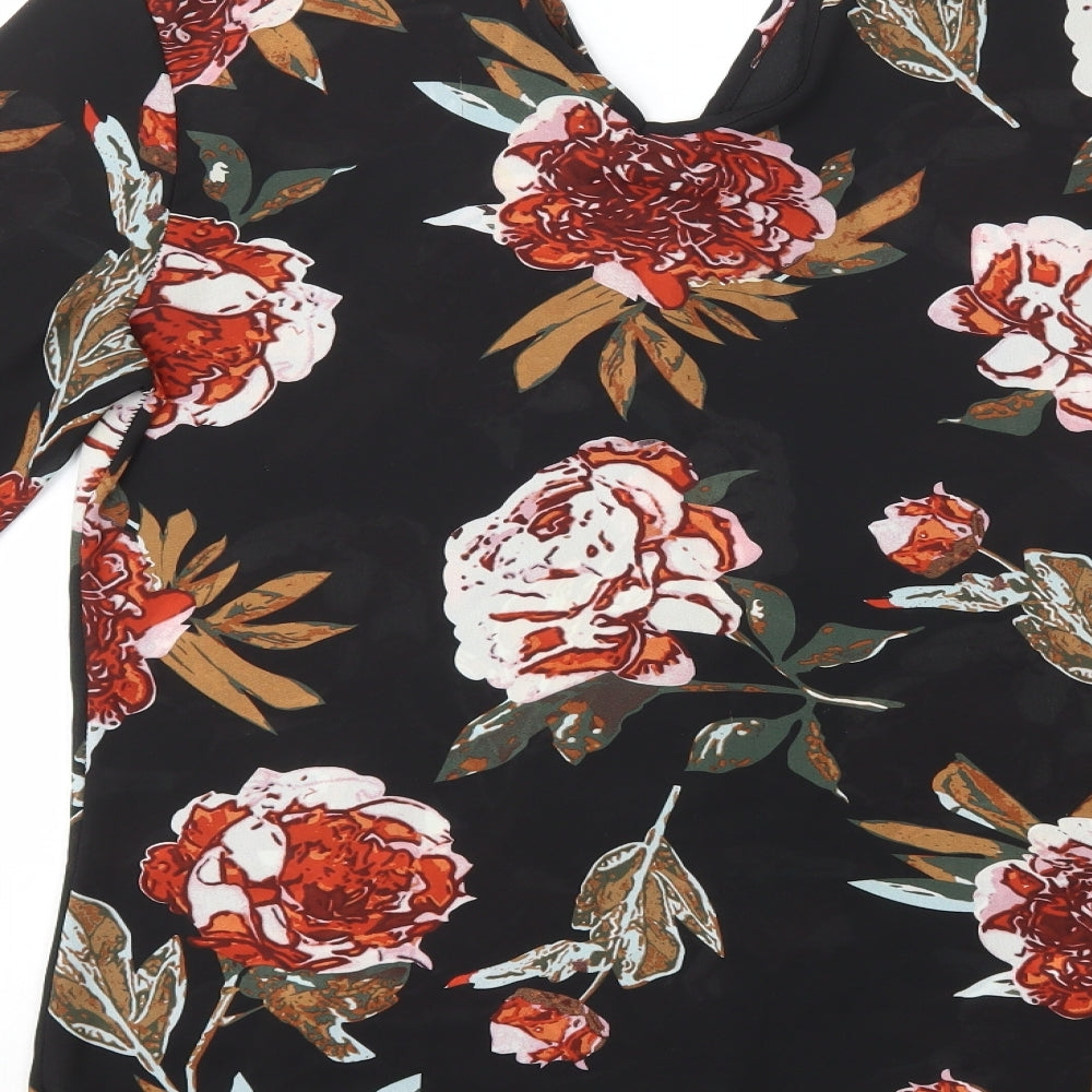 Preworn Womens Black Floral Polyester Basic Blouse Size L V-Neck - Flowers