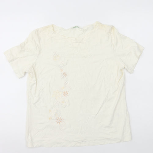 Marks and Spencer Womens White Floral Viscose Basic T-Shirt Size 16 Round Neck - Flower Embroidery