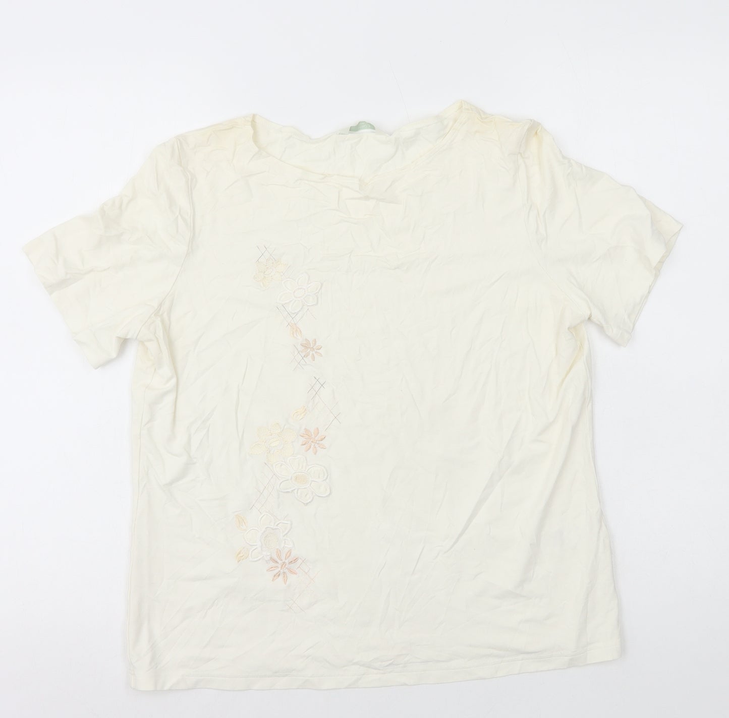 Marks and Spencer Womens White Floral Viscose Basic T-Shirt Size 16 Round Neck - Flower Embroidery