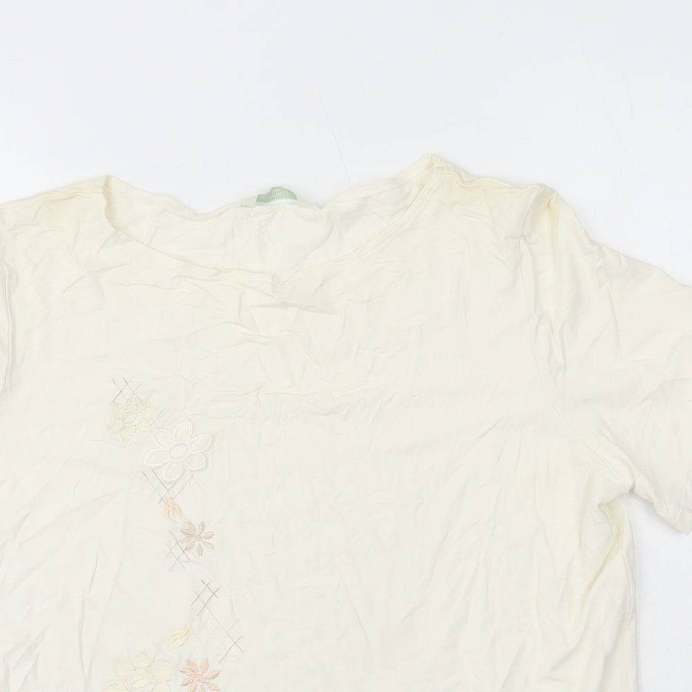 Marks and Spencer Womens White Floral Viscose Basic T-Shirt Size 16 Round Neck - Flower Embroidery
