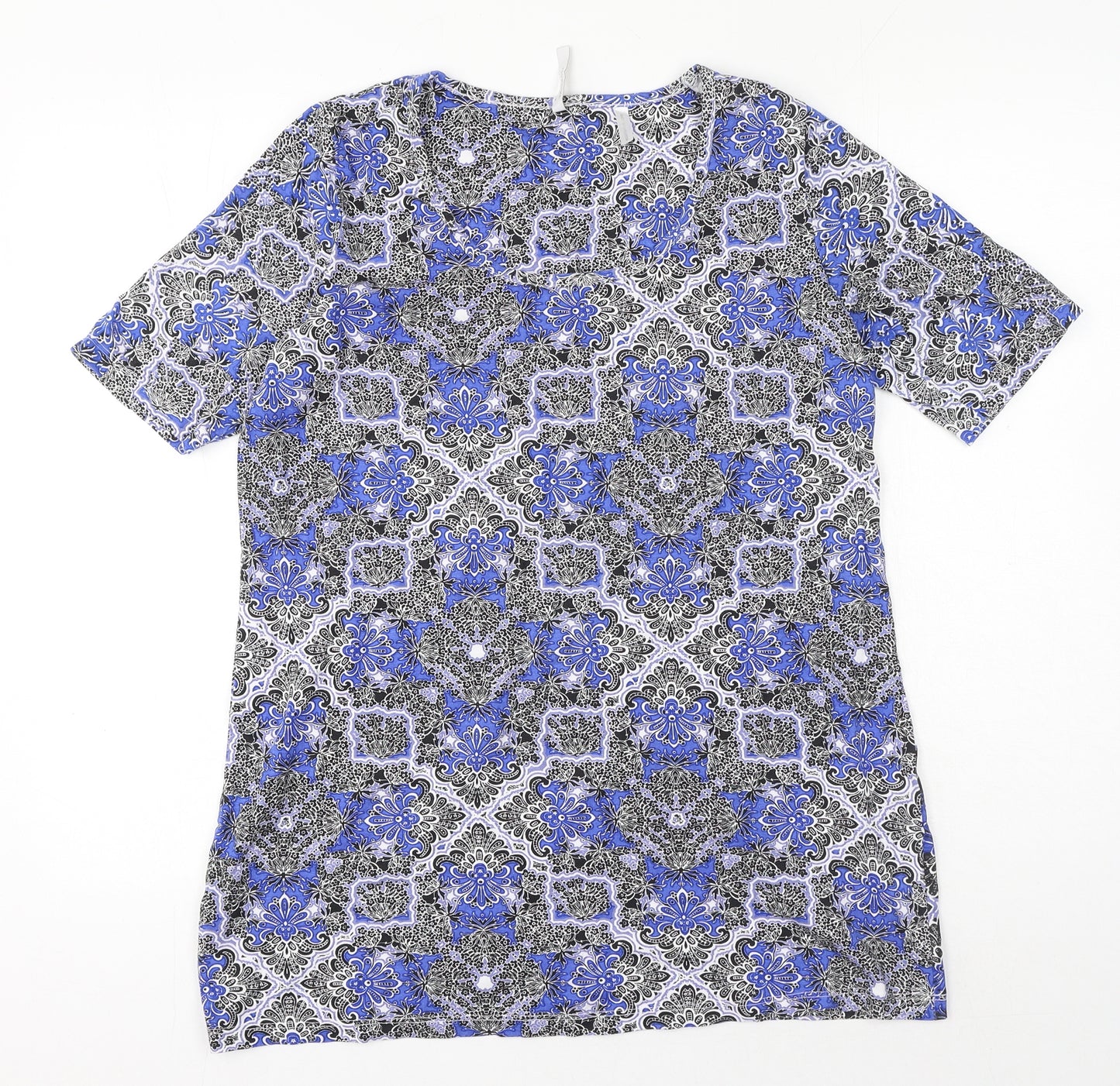 Anthology Womens Blue Geometric Cotton Basic T-Shirt Size 14 Scoop Neck