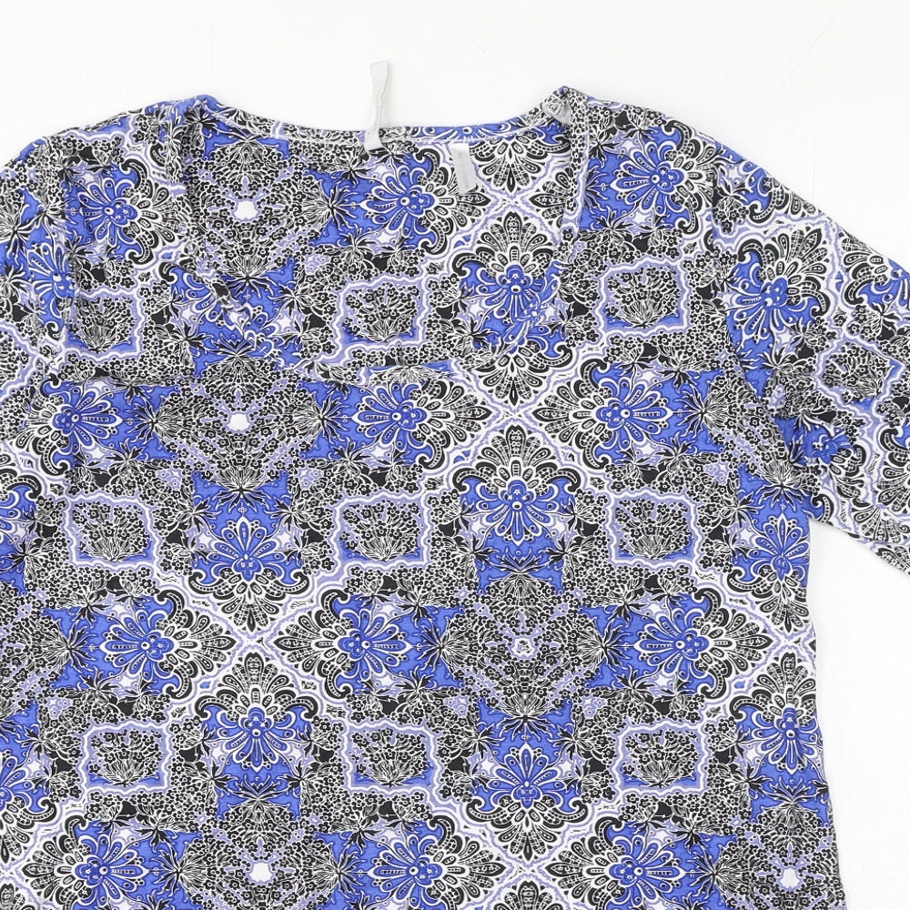Anthology Womens Blue Geometric Cotton Basic T-Shirt Size 14 Scoop Neck