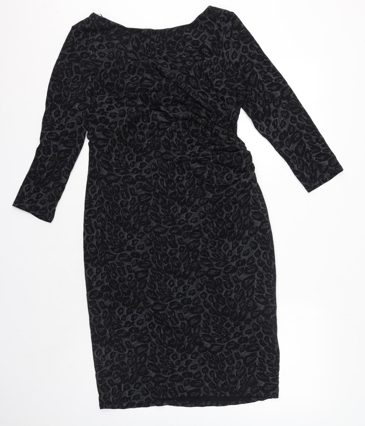 Billie & Blossom Womens Black Animal Print Nylon Pencil Dress Size 16 Boat Neck Pullover - Leopard Print, V-Neck back