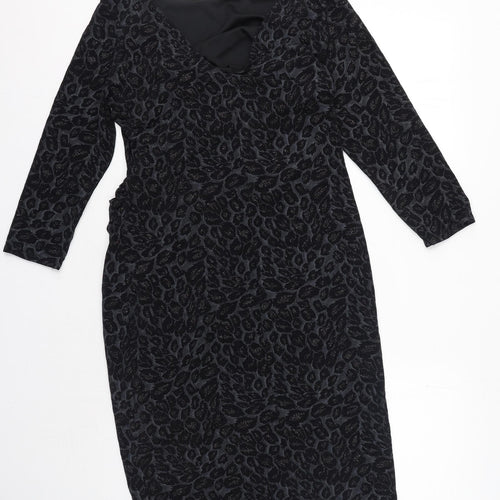 Billie & Blossom Womens Black Animal Print Nylon Pencil Dress Size 16 Boat Neck Pullover - Leopard Print, V-Neck back
