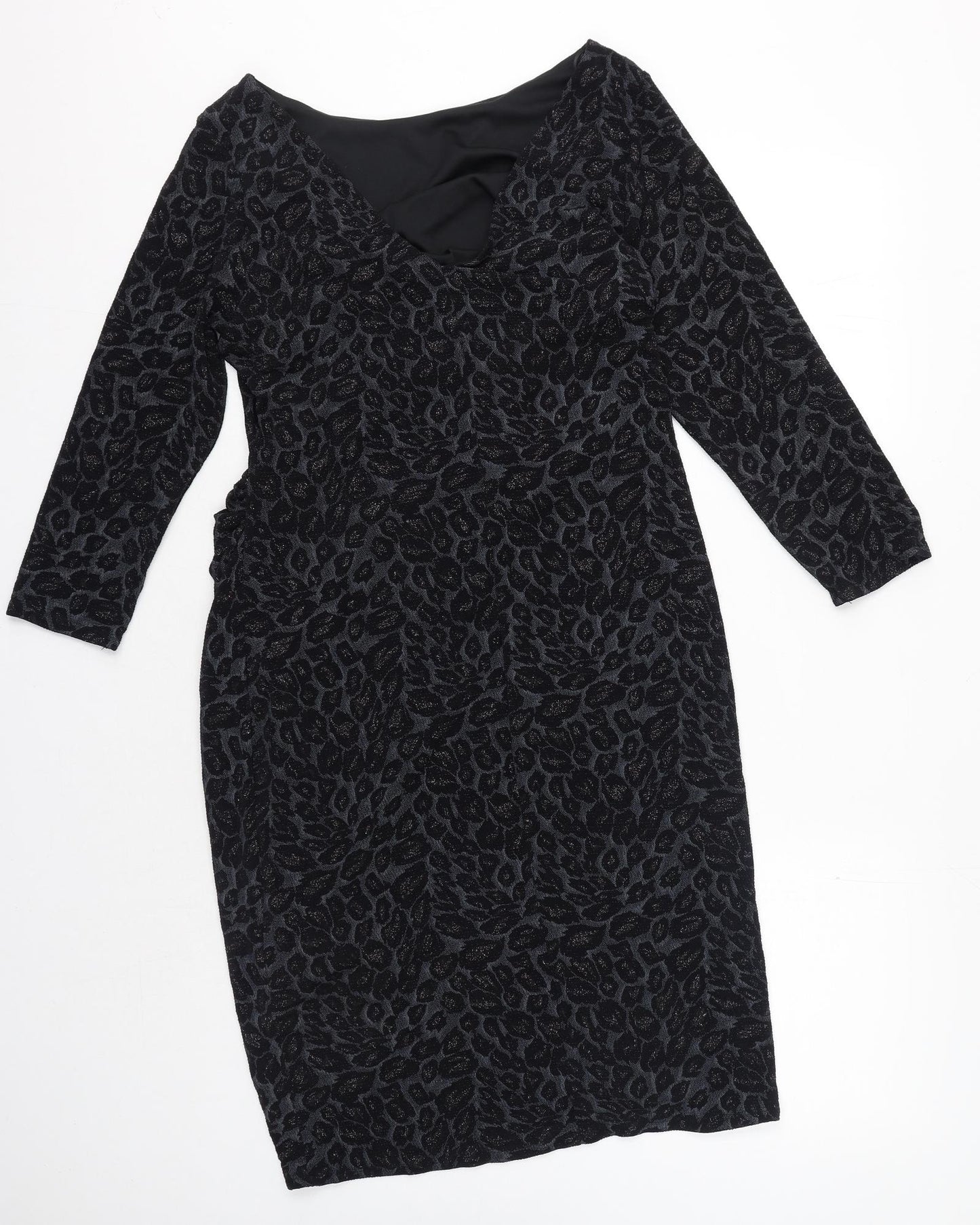 Billie & Blossom Womens Black Animal Print Nylon Pencil Dress Size 16 Boat Neck Pullover - Leopard Print, V-Neck back