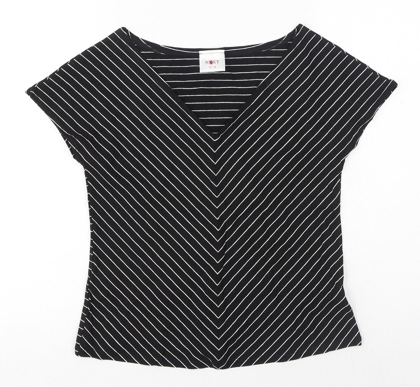 NEXT Womens Black Striped Viscose Basic T-Shirt Size 16 V-Neck