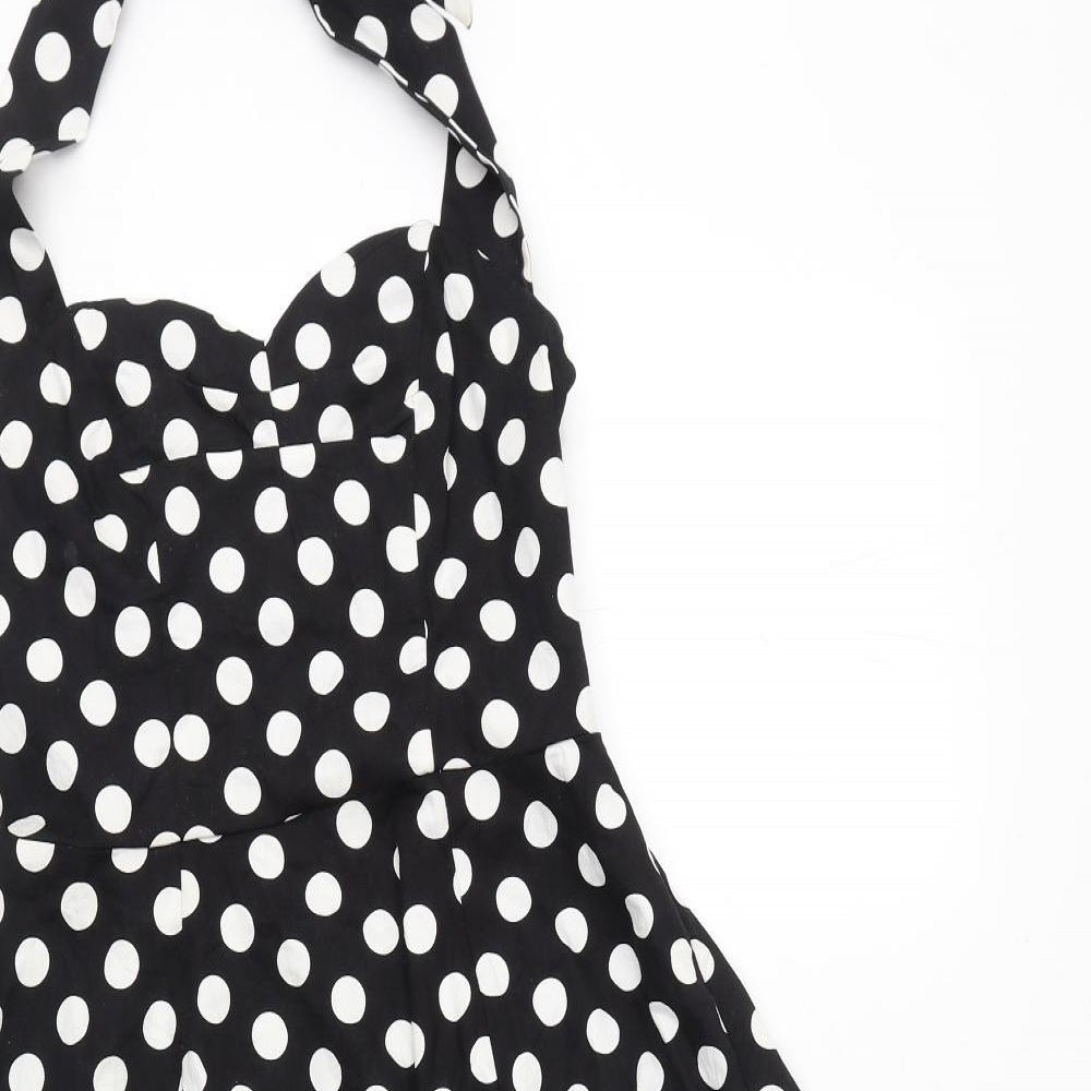 Annie Coco Womens Black Polka Dot Polyester Fit & Flare Size L Halter Pullover - Elasticated Back