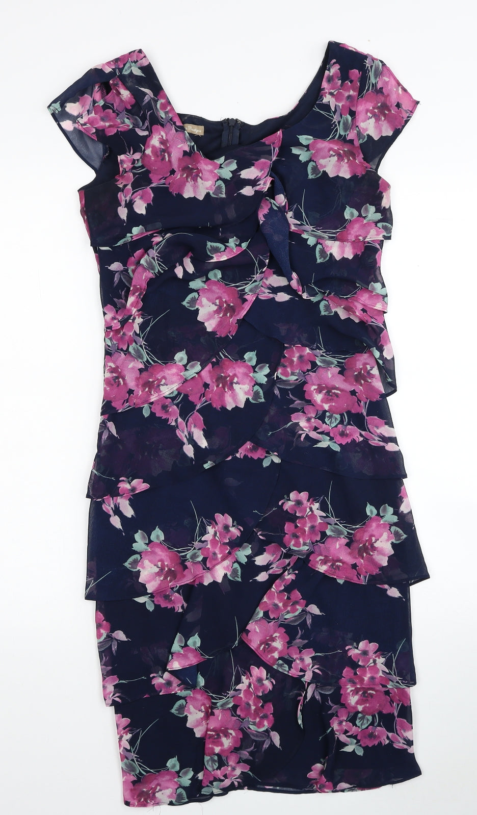 M&Co Womens Blue Floral Polyester Pencil Dress Size 8 Boat Neck Zip