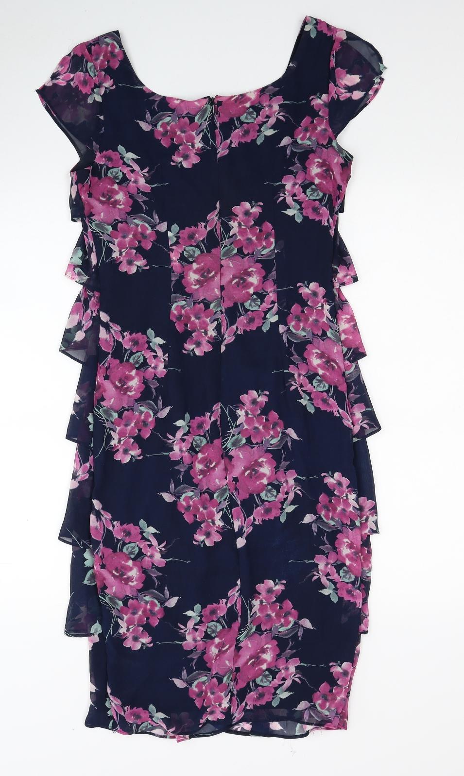M&Co Womens Blue Floral Polyester Pencil Dress Size 8 Boat Neck Zip