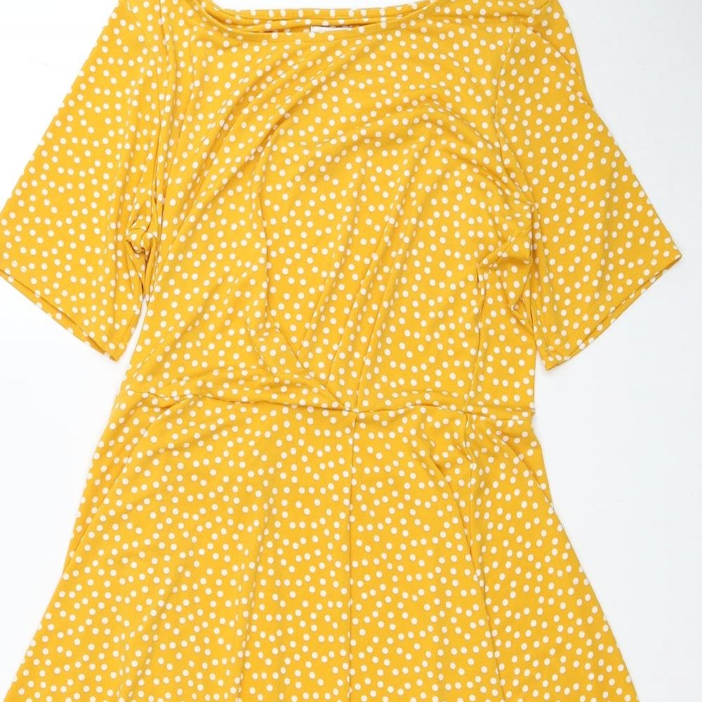 Damart Womens Yellow Polka Dot Polyester Fit & Flare Size 16 Boat Neck Pullover