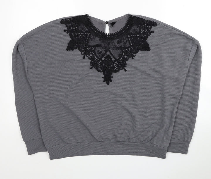 SheIn Womens Grey Geometric Polyester Pullover Sweatshirt Size L Button - Lace Detail