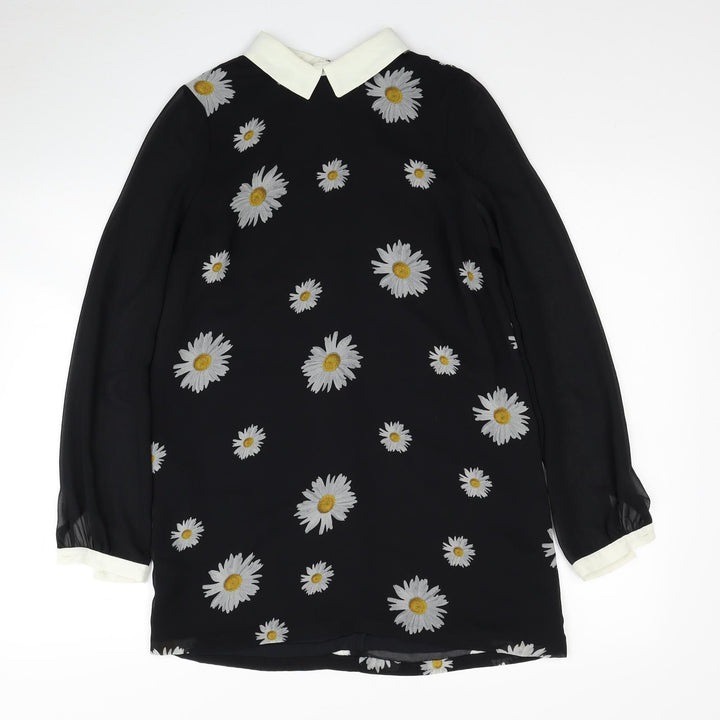 River Island Womens Black Floral Polyester Shirt Dress Size 8 Collared Zip